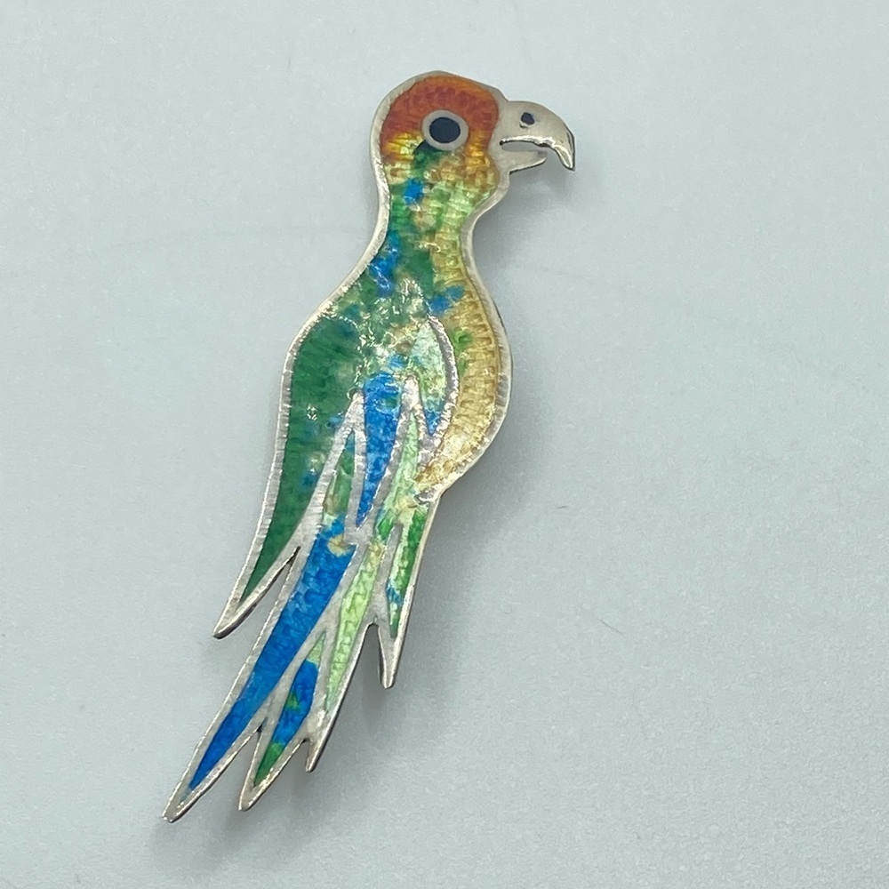 VINTAGE Taxco Sterling Silver & Enamel Tropical Bird Parrot Brooch 2.5”
